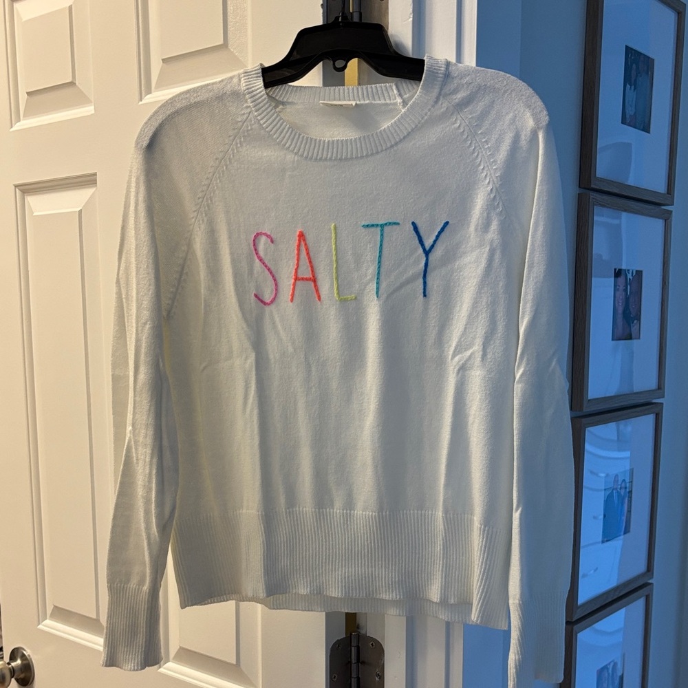 White Sweater with Multicolor 'SALTY' Embroidery